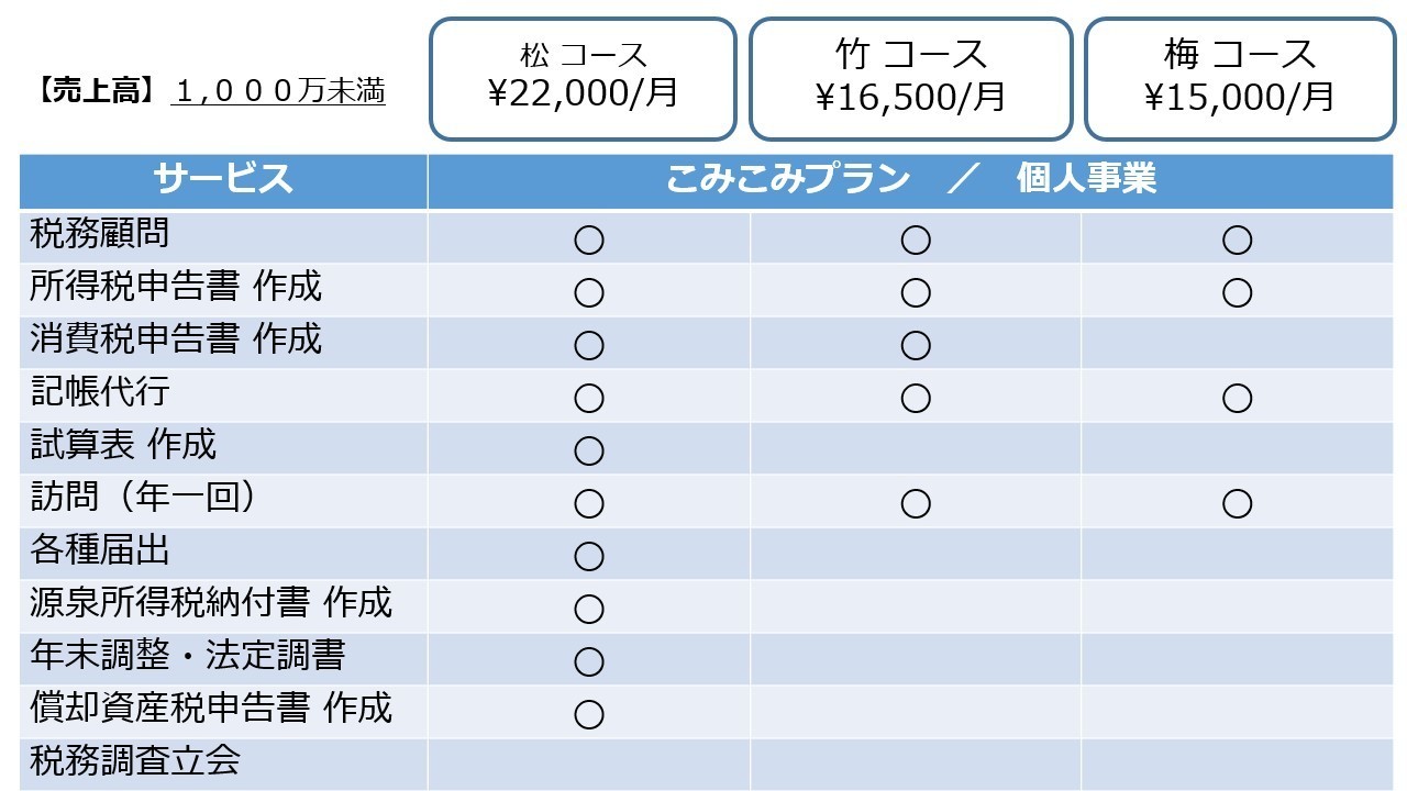 標準料金プラン個人事業の料金表